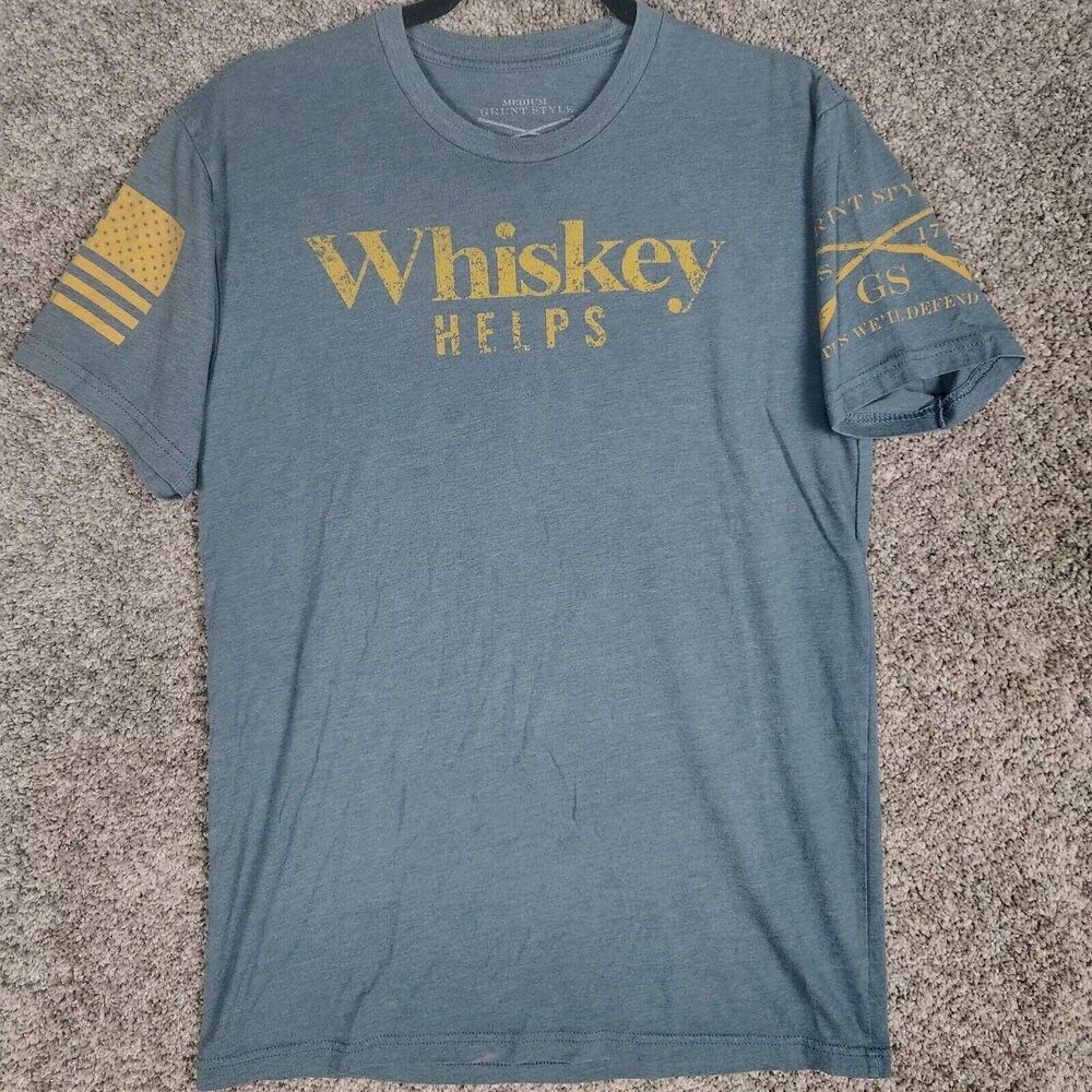 Grunt Style USA Mens Whiskey Helps T Shirt Blue Gray Short Sleeve Crewneck Sz S